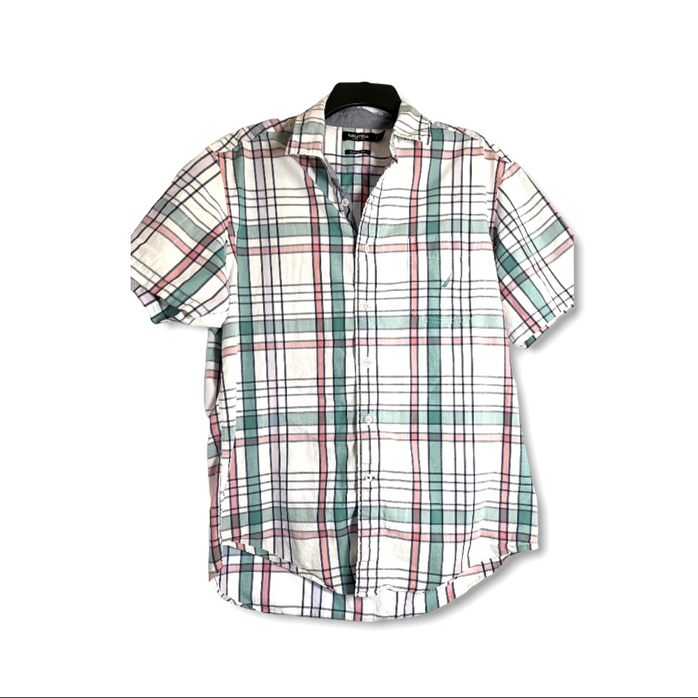 Nautica Mens Short Sleeve Button Down Shirt Large Classic Fit Red Green White